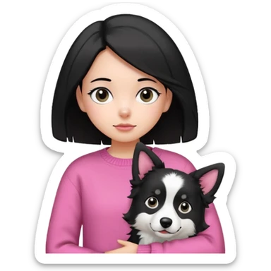 close-up of girl with side parted black hair shoulder length black eyes wearing pink sweater carrying black and white border collie with perked ears emoji style sticker