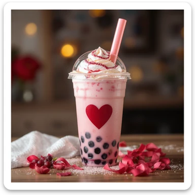 photorealistic elegant pink bubble tea with a heart accent, no background, transparent sticker