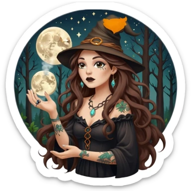 forest witch woman long wavy brown hair tattoos blowing moon dust sticker