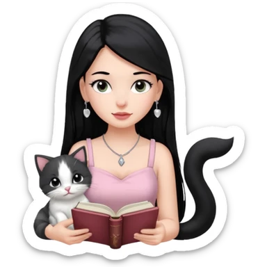 Menina branca ,cabelos pretos longos, olhos pretos puxados para cima. Cílios longos, lábios grossos ,nariz pequeno ,vestido rosa claro de alça. Colar e brinco bem pequeno. Lendo um livro com gatinho preto e branco. sticker