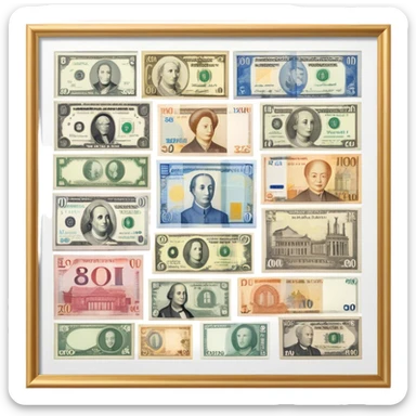 Icon for Banknote Collecting: old and new banknotes from different countries such as Euro, Dollar, Yen, Krona, Yuan, and others, displayed in frames on a wall. The icon should evoke the diversity and richness of currency collection. Transparent background. sticker