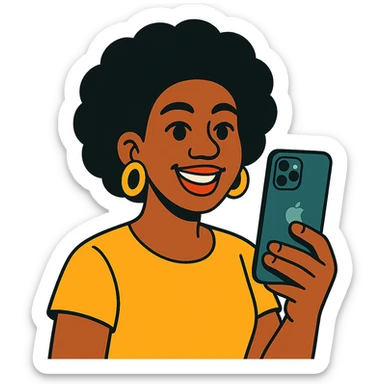 Afro-Caribbean woman smiling, holding iPhone, recording sticker
