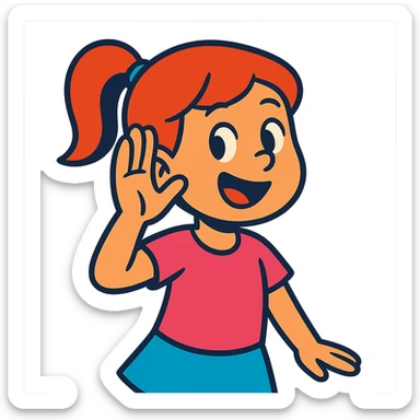 girl listening to viewer, side view, hand to ear, playful cartoon style sticker