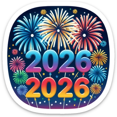 "Happy 2026" in backdrop of colourful fireworks in outline artwork sticker