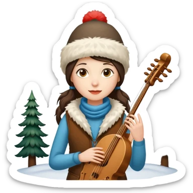 "Girl 👩🏻‍🦱 in fur hat 👒🦊 and vest 🧥, standing in snow ❄️🌲, holding a Bashkir dombyra 🎶 (long-necked two-string folk instrument). Emoji style." sticker
