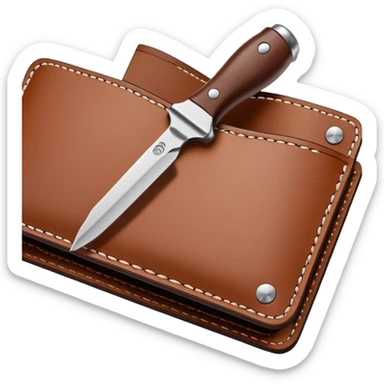 Leatherworking icon, piece of raw leather being crafted into a leather wallet or belt with engraving, professional tools like leather stitching awl, edge beveler, hammer, prying tool, minimalistic style, clean lines, transparent background. sticker