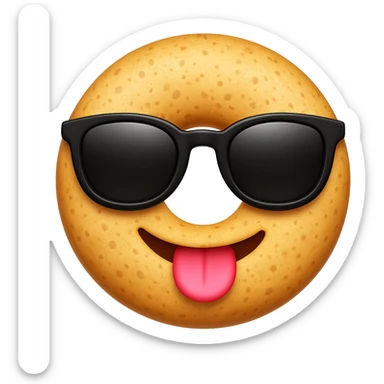 Make the dough a perfect circle with holes like a classic donut, add a textured surface, and use the same black sunglasses as the cool emoji on iPhone. Keep the background transparent. The style should resemble the iPhone emoji style with a clean and polished look. sticker