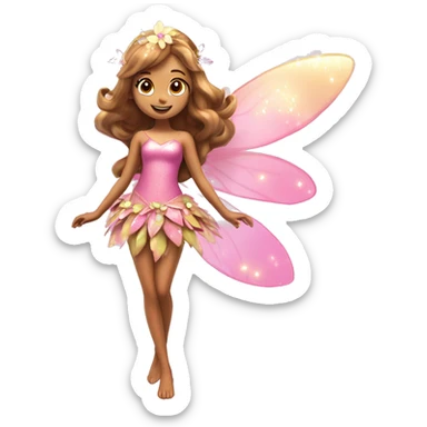 Flora the adult latina fairy of nature in her enchantix fairy pink clothing and fairy enchantix wings and long light brown hair from winx club. Small eyes, Lots of sparkles and fairydust. Full body and full fairy bliss sticker