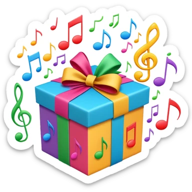 A wrapped gift box opening with colorful music notes flying out. sticker