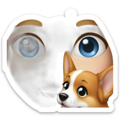 A long hair blond girl with big nose and blue eyes with a corgi sticker