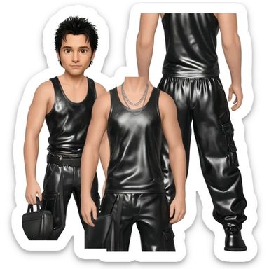 Danny Wood from NKOTB with brown eyes, black hair, black metallic tank top, black metallic baggy pants, silver necklace sticker