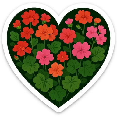 heart with a vibrant geranium garden, clean digital illustration, no background sticker