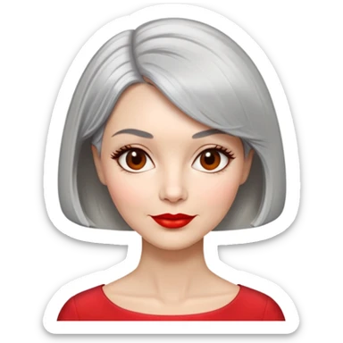 Sophisticated 70s woman with silver-gray bob cut, fair skin, almond eyes, distinctive cheekbones, wearing red lipstick and red blouse, warm friendly expression sticker
