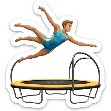 An athletic person soaring high above a trampoline, executing an acrobatic flip with perfect form. The scene captures motion and energy, with a dynamic pose, stretched limbs, and a focused expression. The background suggests a professional trampoline arena with safety padding. sticker