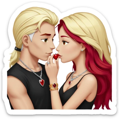 close-up of young couple kissing, girl with long cherry red hair and blonde eyebrows, gold A necklace, diamond ring, red bracelet, boy with stark white hair, silver ring with black stone, dark t-shirt sticker