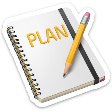 Emoji of a notebook with a pencil and the word “PLAN” written on the cover, iPhone emoji style. Flat design, smooth gradients, rounded edges, soft shadows, clean look, white background. sticker