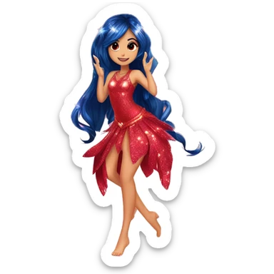 Musa asian adult latina fairy of music in her enchantix fairy red sparkling two-piece clothing and fairy enchantix wings and long dark blue hair from winx club. Lots of sparkles and fairydust. Full body pic and full fairy bliss sticker