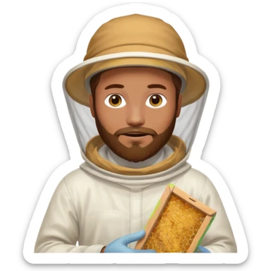 male bee keeper with brown hair and beard, white outfit,  sticker