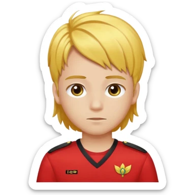 SARI SAÇLI SAÇININ YARISI SOLA DOĞRU DİĞERİNİN SAĞ TARAFTA AMA DÜZ DURAN KAHVERENGİ GÖZLÜ UZUN KİRPİKLİ BUĞDAY RENKLİ KIRMIZI ÜNİFORMALI BİR ERKEK ÇOCUK sticker