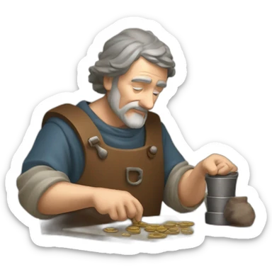 old and experienced coin engraver yielding a coin, medieval age sticker