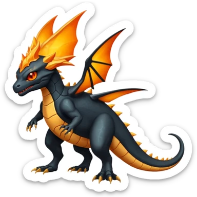 Magmatic fiery badass cool obsidian-Black and golden-orange Helioptile-Amaura-Salamence-Fakémon-hybrid-creature (full body)  sticker