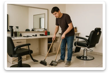 sartaroshxonani tozalayotgan o'smirin bola juda  yosh ham emas katta ham supir sudir qilaytgani narsalarni tozalayotgani  
 sticker