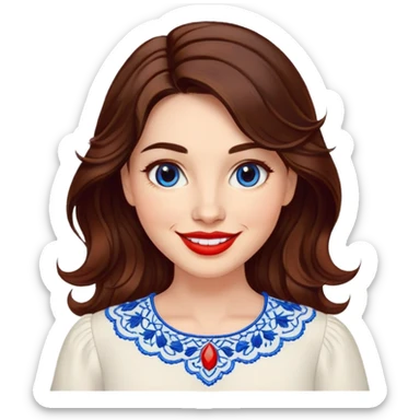 Friendly woman in her late 30s with luminous fair skin, round face, wide smile, large light brown eyes, vibrant red lips, shoulder-length dark brown wavy hair, wearing white blouse with blue embroidery and electric blue neckline sticker