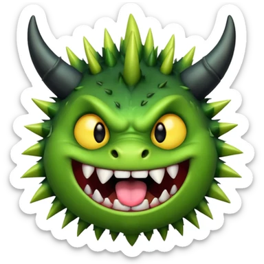 A green monster with two small black horns, spiky fur, big round yellow eyes, and a wide grin showing sharp teeth with its tongue playfully sticking out.  sticker