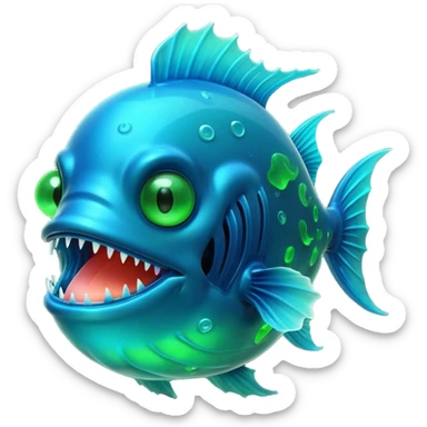 3D render of Anglerfish, bioluminescent deep sea style, glowing neon blue and green lights, dark background to contrast the glow, translucent organic textures, Apple emoji style, 3D render --v 6.0 sticker