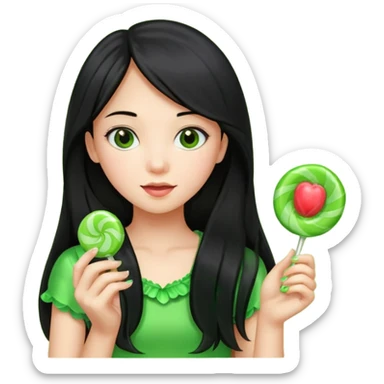 A girl with long black hair holding a piece of green hard candy in one hand and a green candy wrapper showing a guava on it in the other hand sticker