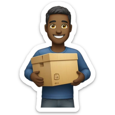 A person holding a box of wood with a beautiful smile will make any wooden product you want. Black cheek and it has a foodball yellow. sticker