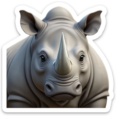 cinematic-noble--rhinoceros-portrait-emoji,slate-grey-hide--poised-and-regal,-with-a-massive,-powerful-build-and-a-thick, -deep-set-soulful-piercing-eyes,-simplified-yet-sharp-and-sophisticated-features,-highly-detailed,-large-black-eyes, zoomed out showing shoulders, large white horn  sticker