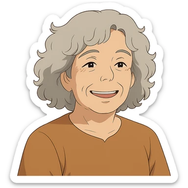 ghibli style smiling 50 year old lady with silver curly hair sticker