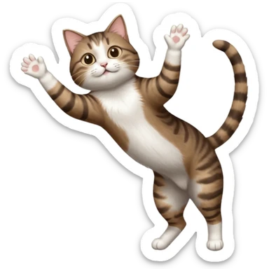 dark brown tabby and white cat with doing a big extremely long stretch reaching up into the air with arms and legs side by side together straight and overextended whilst lying on its side sticker