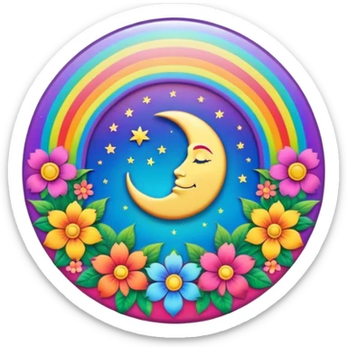A round psychedelic colored button with a rainbow colored damask style moon and hippie flowers in the center sticker