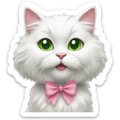 a white fluffy cat, with green eyes and a pink bow on its head, licks its paws sticker