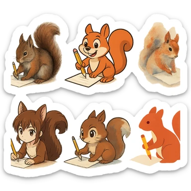 a squirrel writing a paper in different art style sticker