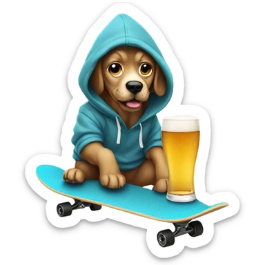 Dog wearing a hoodie on a skateboard drinking a beer sticker