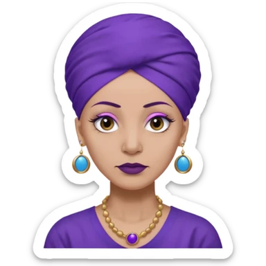 make her skin purple, she has no hair and her eyelashes are huge and she's old and and mean looking with a purple turban with big blue circle earrings and a purple big collared shirt sticker