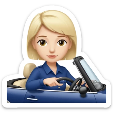 navy blue convertible Mini Cooper, with short, blonde colored haired woman driving - update woman to fair skinned sticker