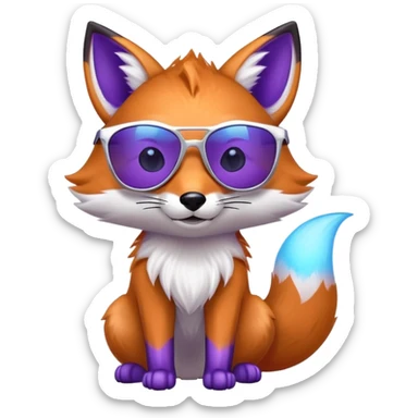 A cool fox with purple-blue fur, a glowing tail, a silver star on its forehead, and round glasses replaced by stylish sunglasses, looking confident. 🦊😎 sticker