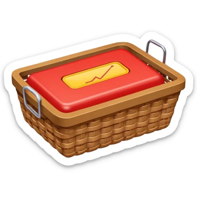 shallow wicker basket seen from above containing one breadcrumb, tiny red battery icon at 5% in upper right, bold lines, flat colors, subtle gradients, emoji look sticker