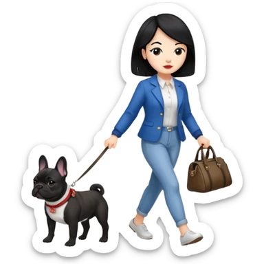 Mujer de pelo negro paseando un bulldog francés  sticker