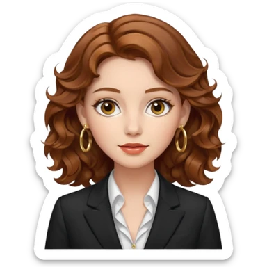 emoji of a young elegant lady, wavy chestnut hair, wearing a formal suit and gold hoop earrings, poised look sticker
