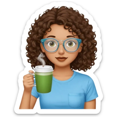White girl with dark brown curly hair, brown eyes, sky blue glasses, nose ring, green t shirt, drinking coffee from a glass cup sticker