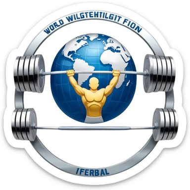An emblem for the World Weightlifting Federation, featuring a stylized barbell, global elements like a globe, and bold text. The design is sleek, dynamic, and modern with a transparent background. sticker