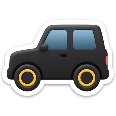 Create an extremely minimalized side view of a Mercedes G-Class SUV in black color. Remove all small details like door handles and complex rims, keeping only the most basic shapes and features. The style should resemble a 3D Apple emoji-like look with simplicity matching the blue car emoji reference. No background. sticker