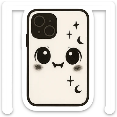 Change the color scheme to white and black, gothic kawaii phone case, big eyes, smiling, playful, cartoonish, gothic symbols, ghibli style, no background. sticker