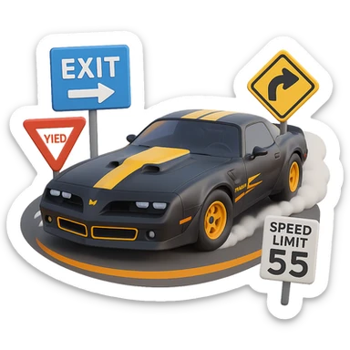 Add more road signs, including highway exit, yield, and speed limit signs, around the black Trans Am car drifting around a curve. The style should resemble 3D emoji style with a transparent background. sticker