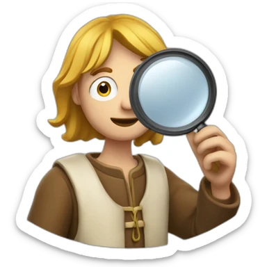 medieval coin collector, looking at a coin with a magnifying lense sticker